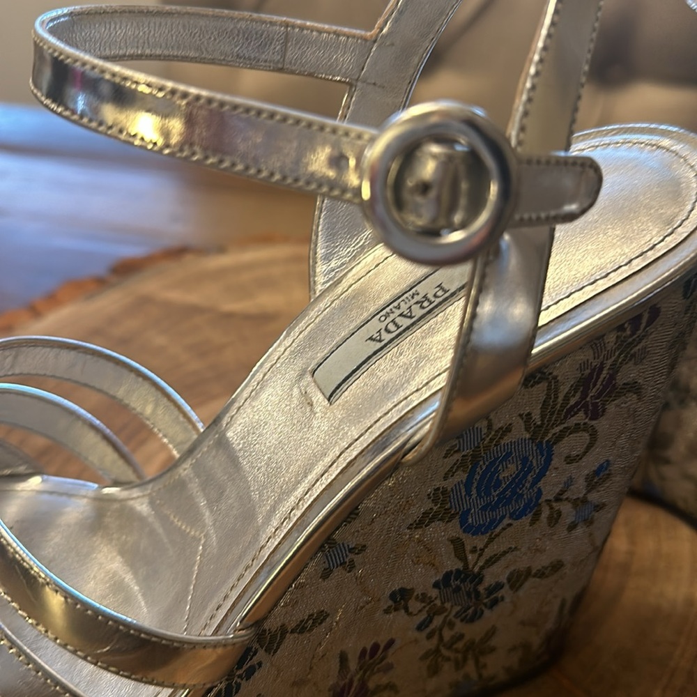 Prada Metallic Silver Brocade Platform Heels - image 8